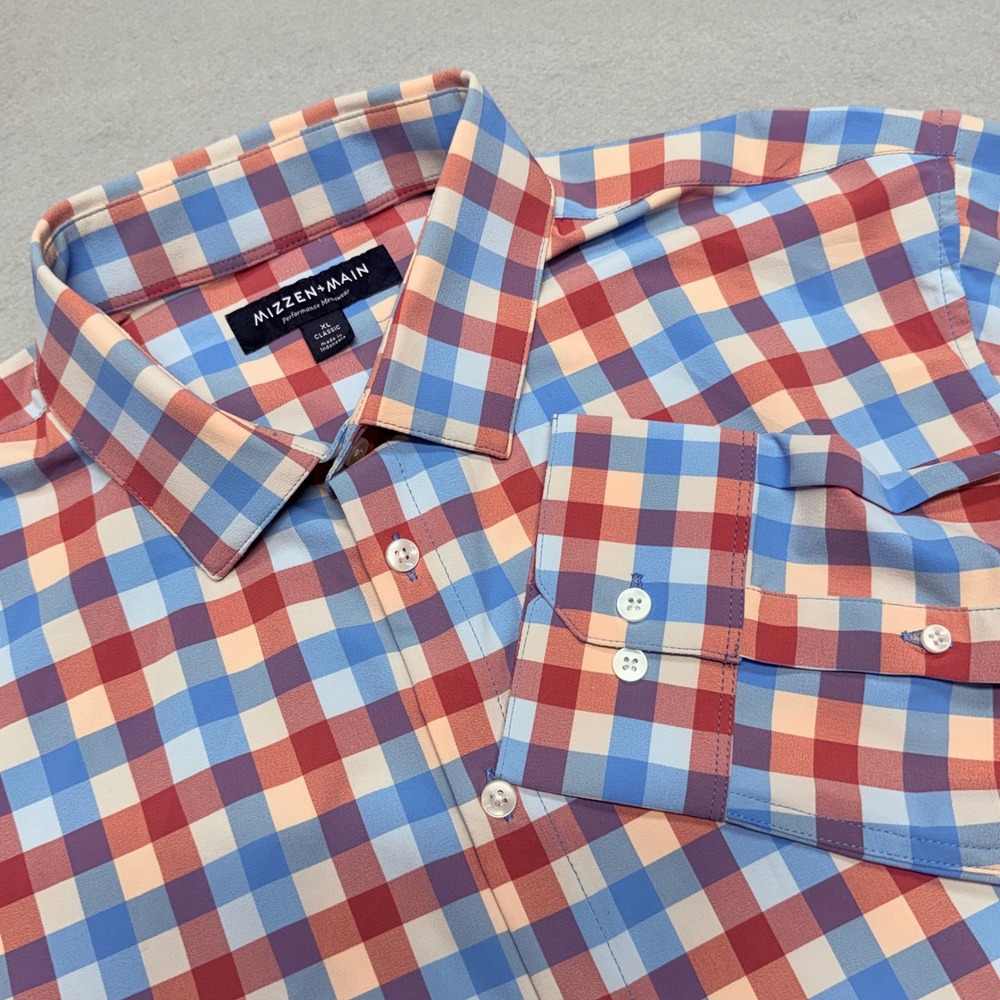Mizzen + Main XL Classic Fit Red Blue Gingham Performance Shirt Plaid